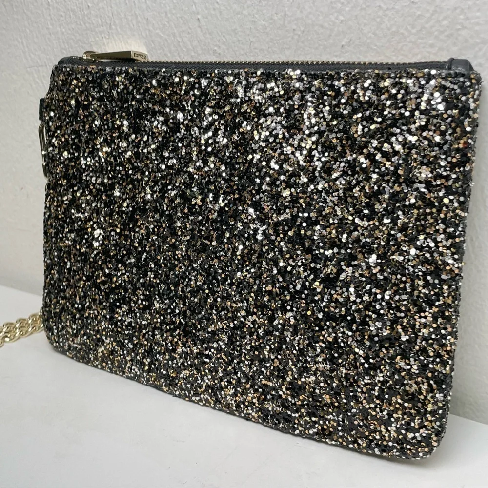 EXPRESS Y2K Gold Silver Black Glitter Sparkle Zip Wristlet Clutch